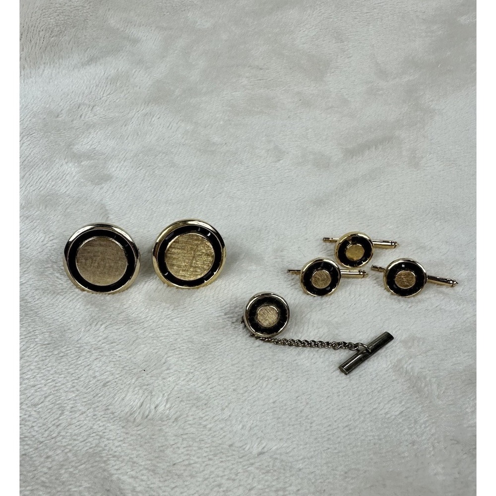 Vintage Retro Deep Red Glass Gold Tone Circle Cufflink Set